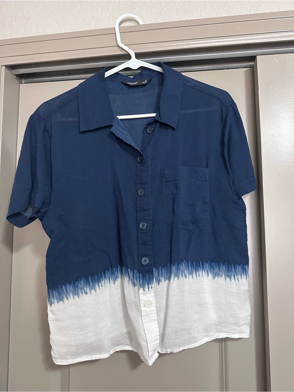 Women’s Short Sleeve Navy and White Dip-Dye Button-Up Shirt